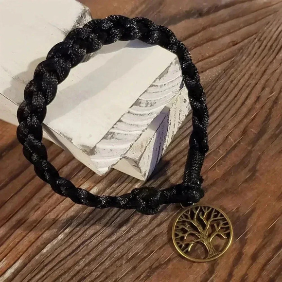 Braided Jet Black Silk Antique Brass Tree of Life Charm Button Bracelet - Picture 5 of 5